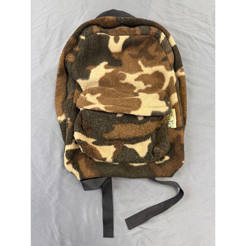 Vintage Fieldline Camo Fleece Backpack Made in USA Brown Green Woodland Gorpcore